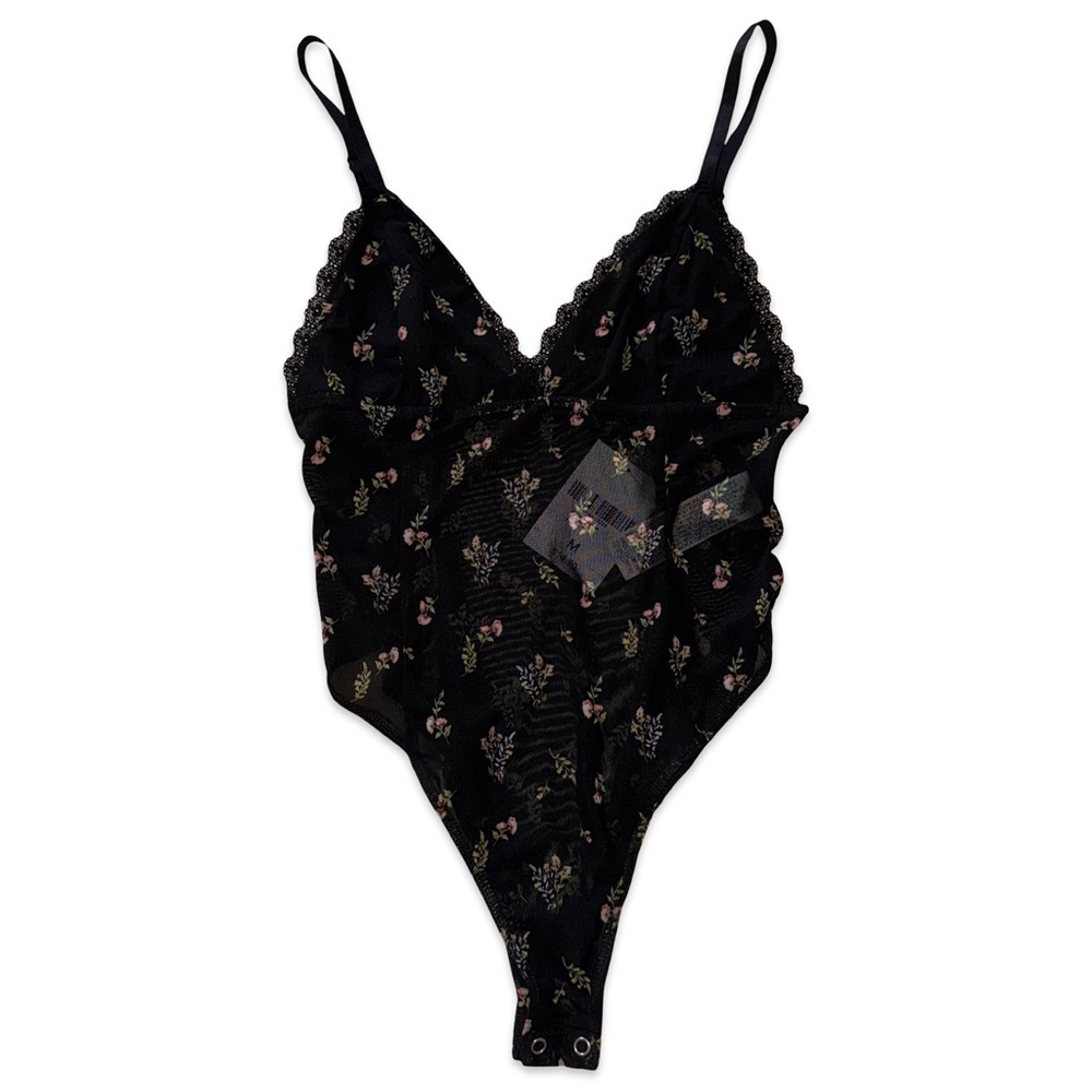 Forever 21 Black Floral Lace Trim Mesh Bodysuit | Sheer Romantic | Size M | NWT